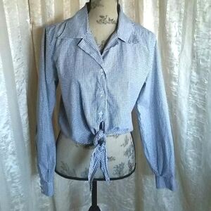 Express Gingham Tie Crop Button Down Shirt Top